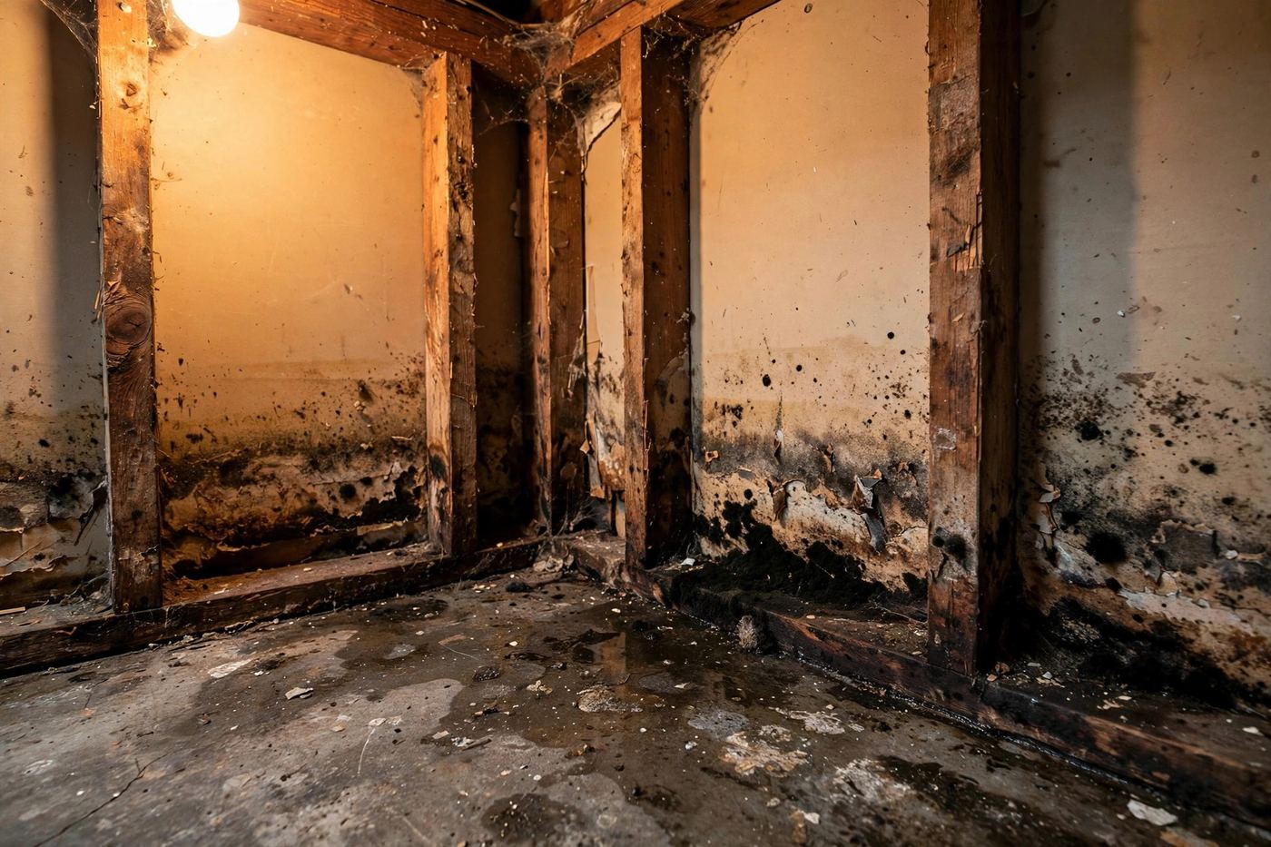 Black mold on wooden framing and drywall in a basement