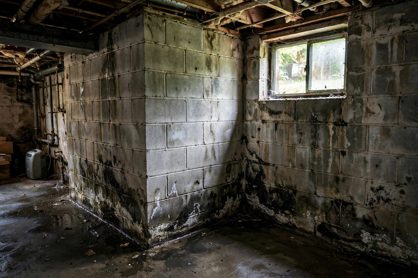 Concrete block basement walls with dark mold staining near the floor